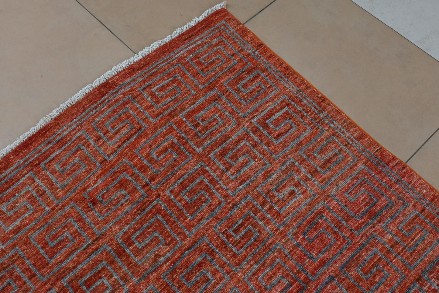 6x9 Red Greek Key Rug – Red Wool Area Carpet – Modern Geometric Gabbeh–Boho Veg Dye Oriental Rug for Living Room, Bedroom or Office 5'9x8'8"