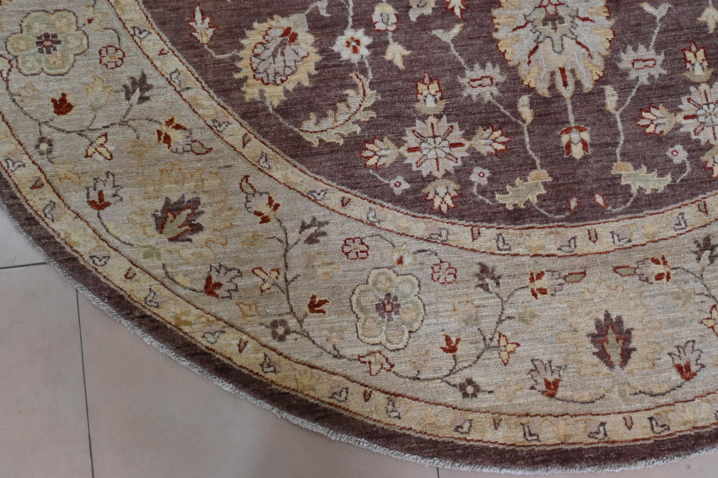 8x8 ft | Round Chobi Wool Rug | Handmade Traditional Floral Rug in Beige & Brown | Oriental Circle Area Carpet for Living Room or Entryway