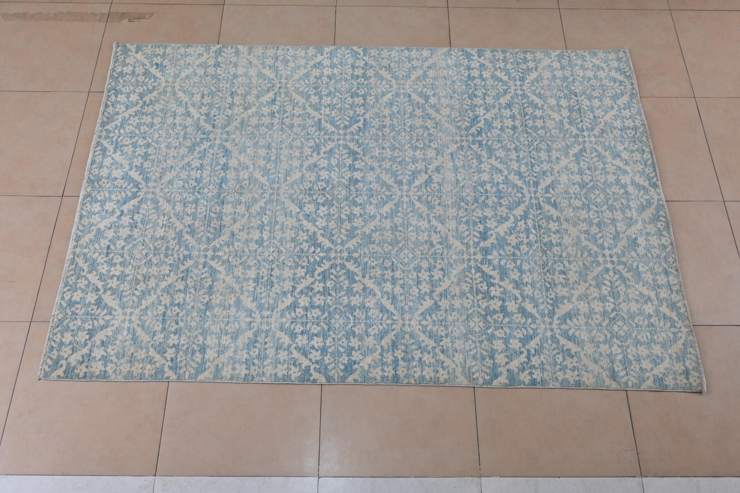 6x9 Light Blue and Ivory Area Rug – Vintage-Inspired Hand-Knotted Carpet – Soft Washed Boho Living Room Rug – Free Shipping