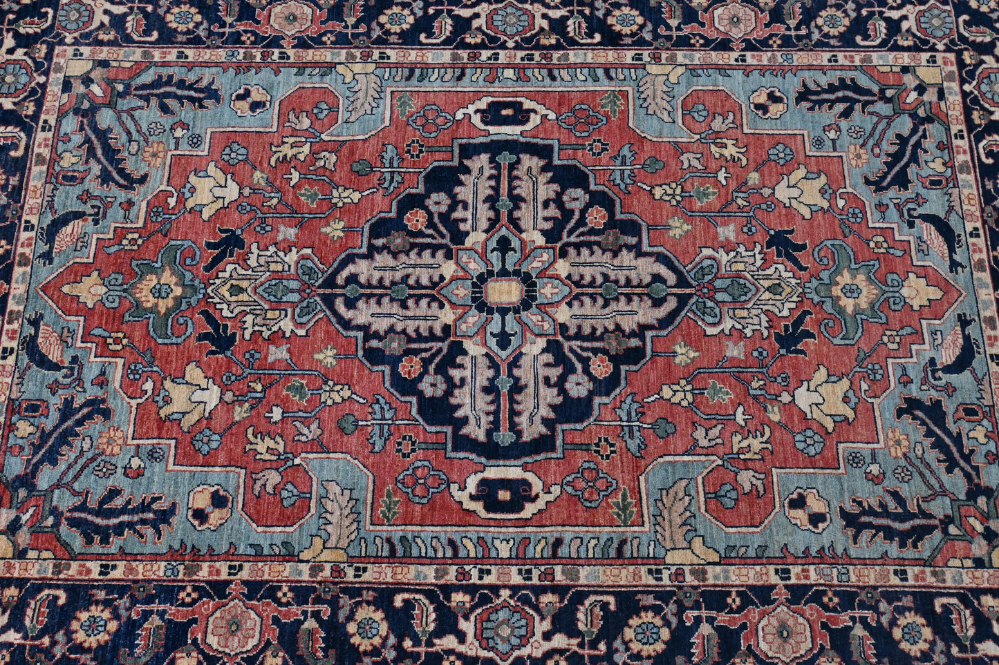 6x9 ft -Handmade Heriz Serapi Rug – Red Blue Wool Area Carpet – Oriental Medallion Rug for Living Room, Bedroom or office