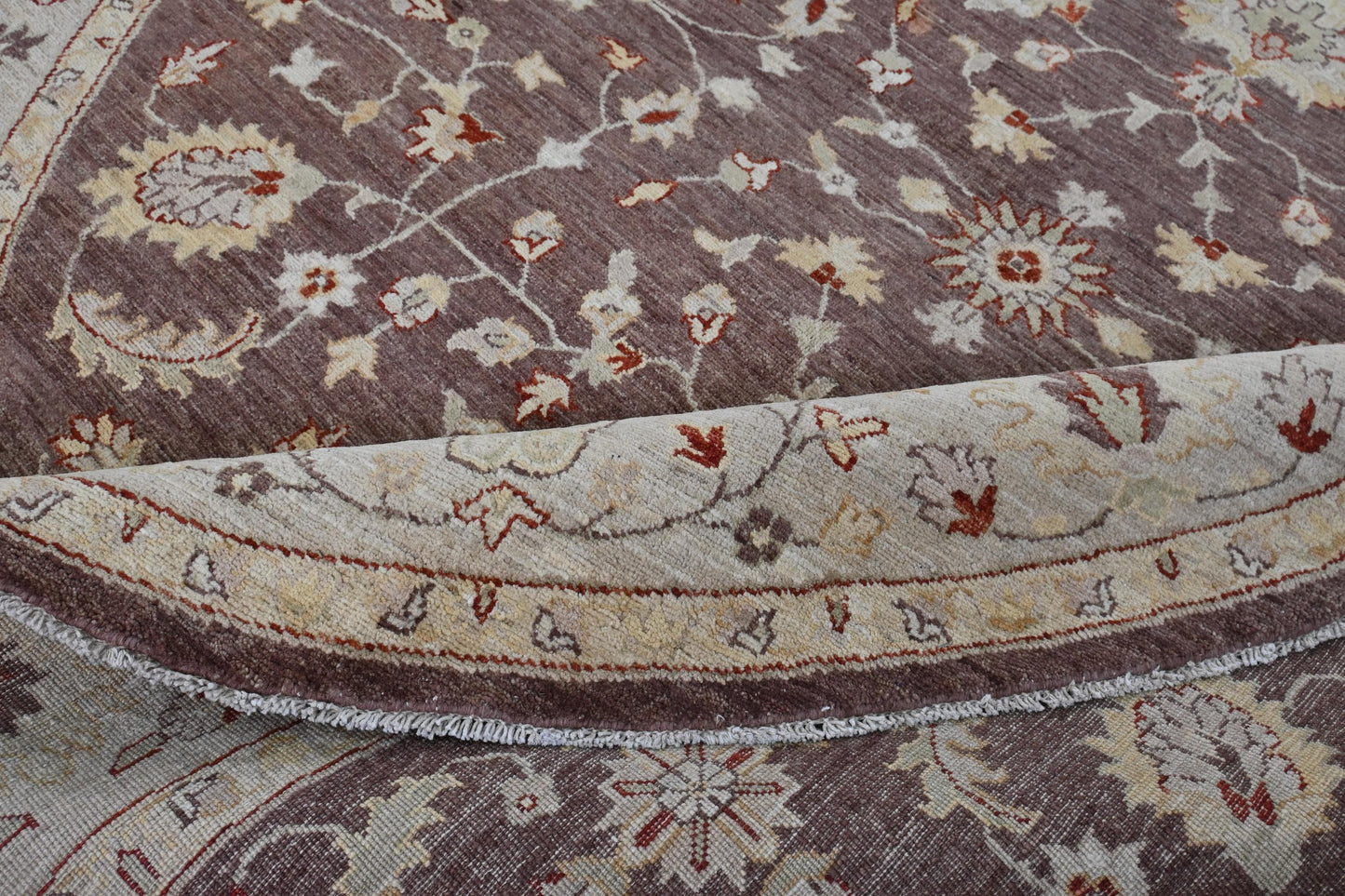 8x8 ft | Round Chobi Wool Rug | Handmade Traditional Floral Rug in Beige & Brown | Oriental Circle Area Carpet for Living Room or Entryway