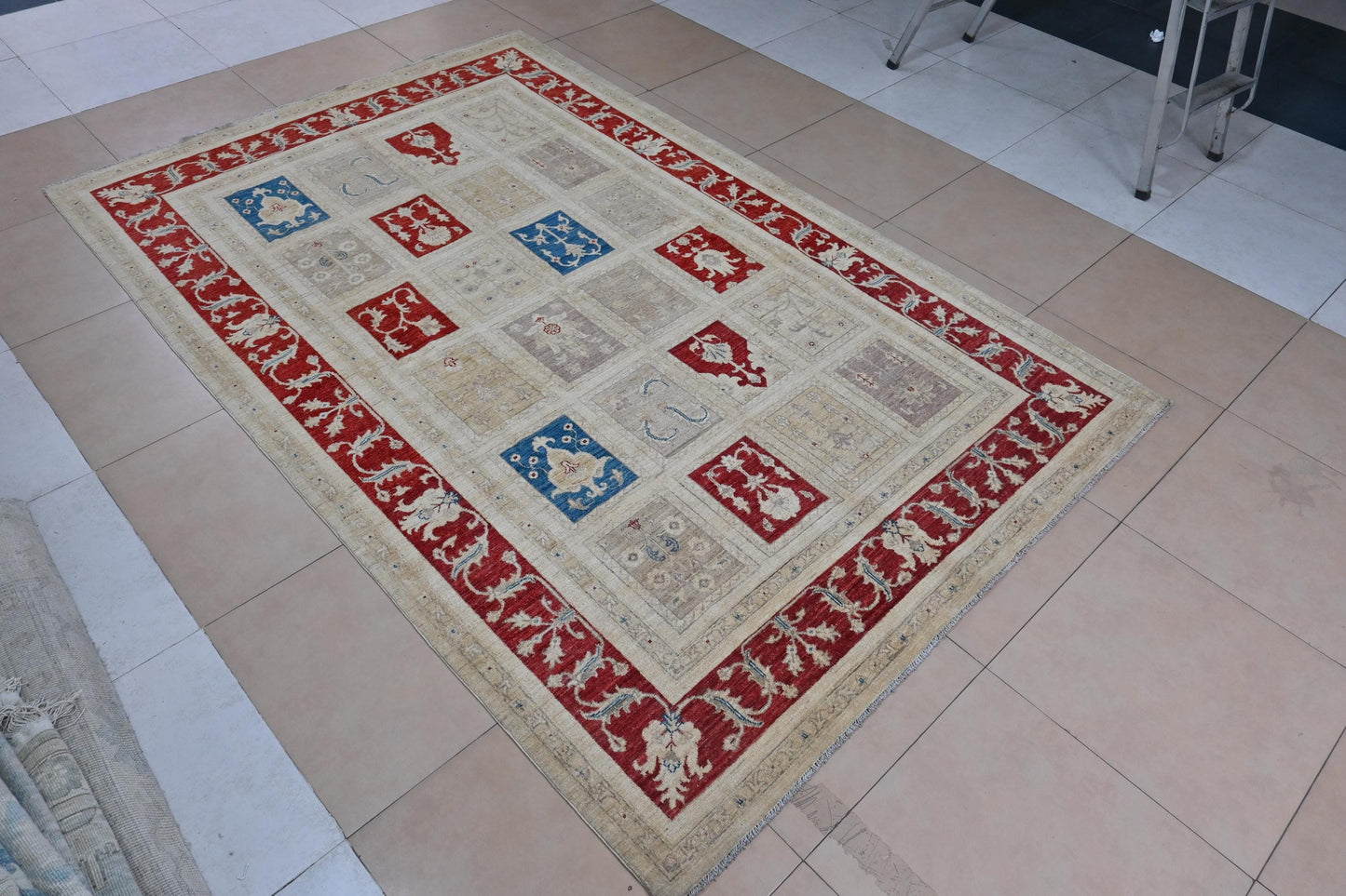 7x10 ft | Handmade Geometric Oriental Rug | Red Blue Beige Ziegler Design Wool Area Rug | Tribal Boho Decor | Afghan Chobi Rug| "6'5x9'11"