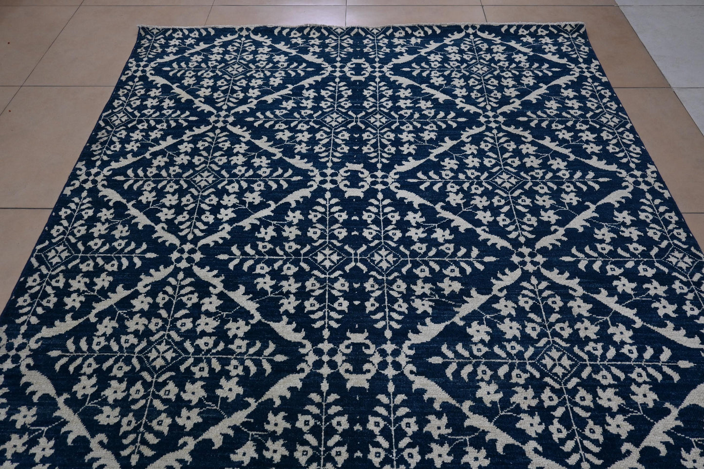 6x9 Blue and Ivory Geometric Floral Rug โ Hand-Knotted Oriental Style Area Carpet โ Modern Boho Living Room Rug โ Free Shipping- Bedroom Rug