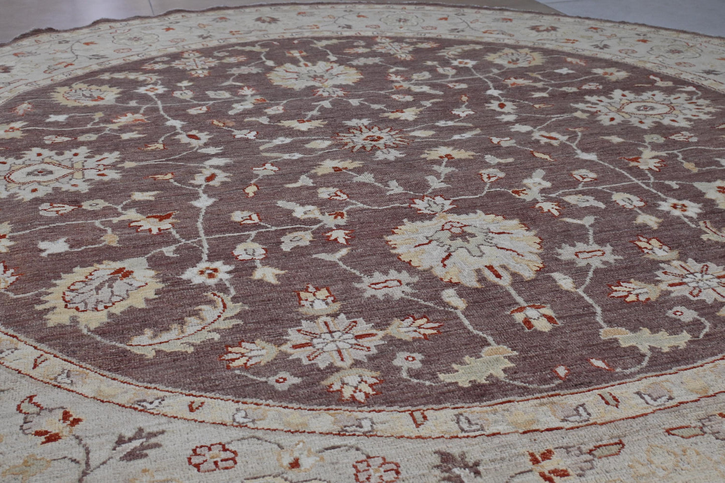 8x8 ft | Round Chobi Wool Rug | Handmade Traditional Floral Rug in Beige & Brown | Oriental Circle Area Carpet for Living Room or Entryway