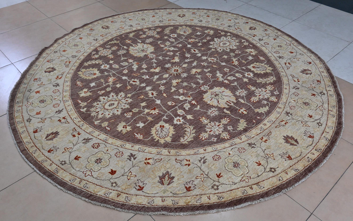 8x8 ft | Round Chobi Wool Rug | Handmade Traditional Floral Rug in Beige & Brown | Oriental Circle Area Carpet for Living Room or Entryway