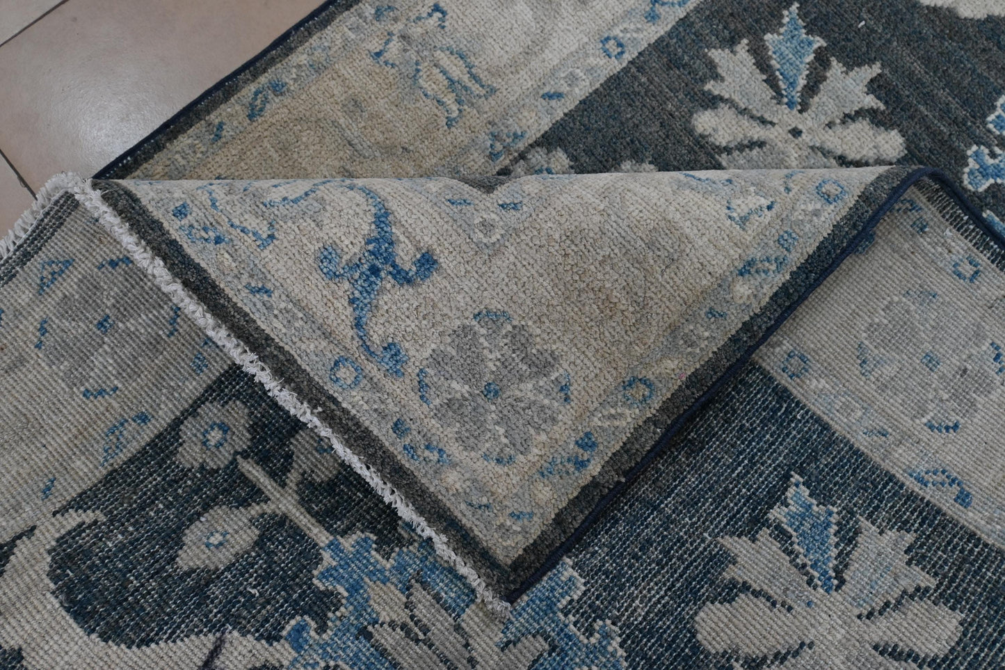 3x5 Charcoal Blue Oushak Rug | Hand-Knotted Afghan Wool Rug | Natural Veg Dyes | Vintage Distressed Area Carpet | Elegant Floral Medallion