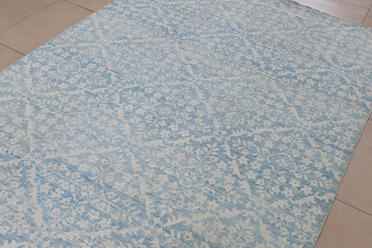 6x9 Light Blue and Ivory Area Rug – Vintage-Inspired Hand-Knotted Carpet – Soft Washed Boho Living Room Rug – Free Shipping
