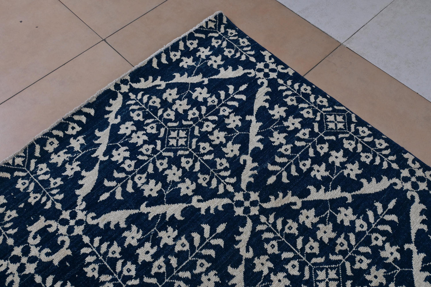 6x9 Blue and Ivory Geometric Floral Rug โ Hand-Knotted Oriental Style Area Carpet โ Modern Boho Living Room Rug โ Free Shipping- Bedroom Rug
