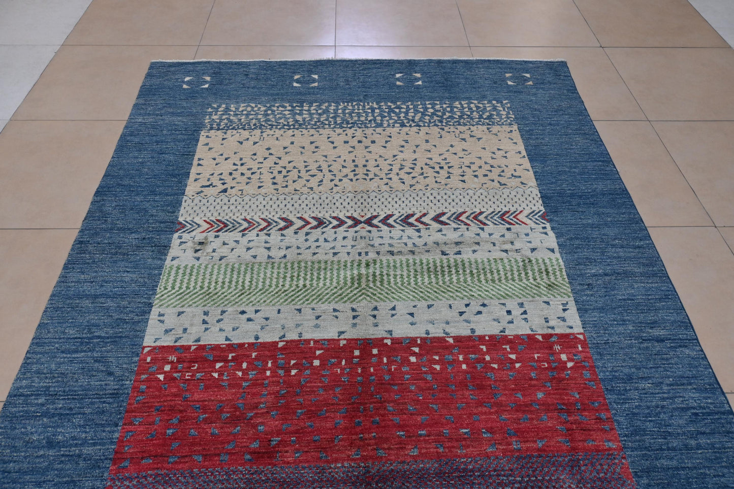 6x8 ft Handmade Modern Gabbeh Rug | Blue Red Abstract Geometric Wool Rug |Tribal Boho Rug | Bedroom And Living Room Accent Rug |"5'8x7'11"