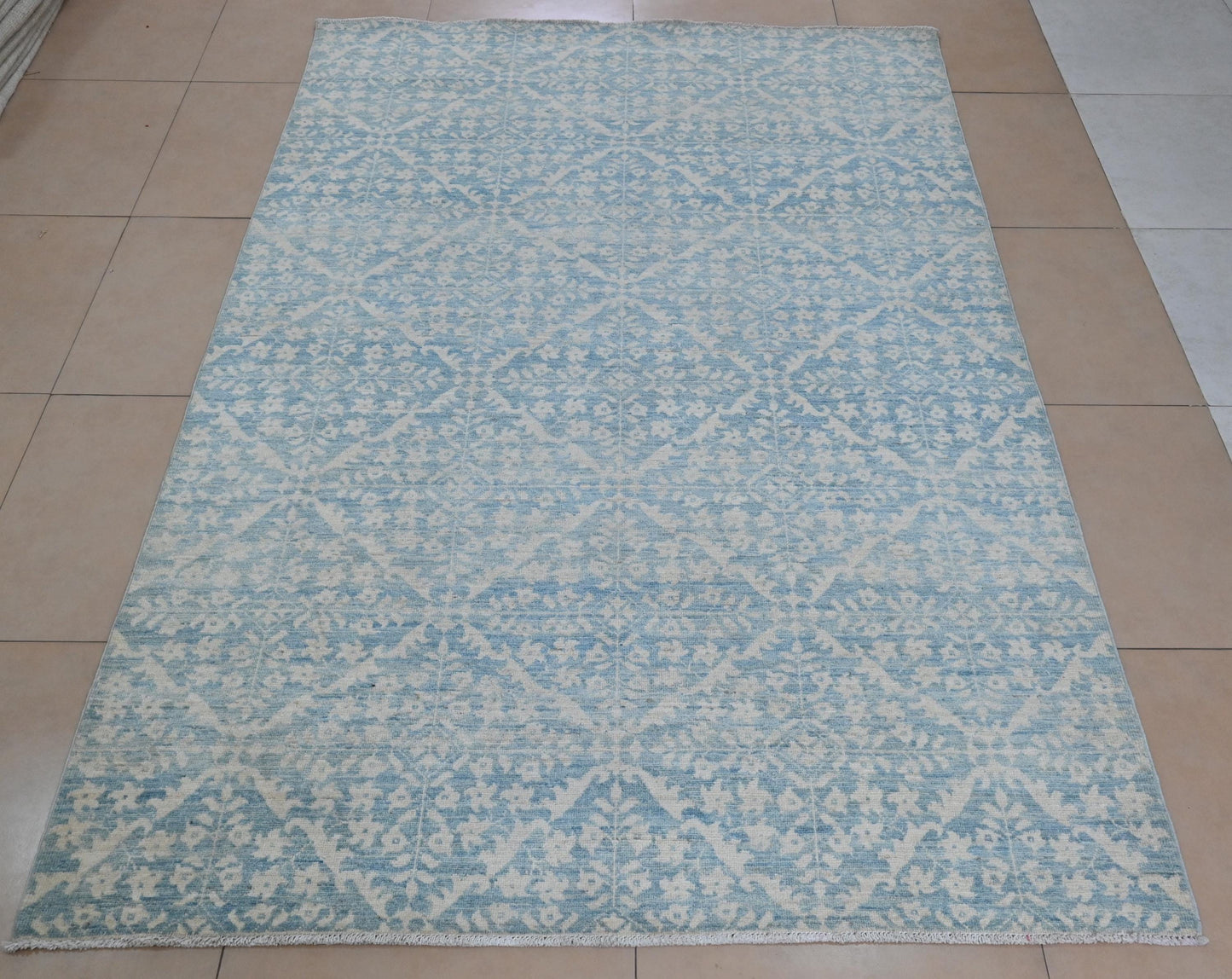 6x9 Light Blue and Ivory Area Rug – Vintage-Inspired Hand-Knotted Carpet – Soft Washed Boho Living Room Rug – Free Shipping
