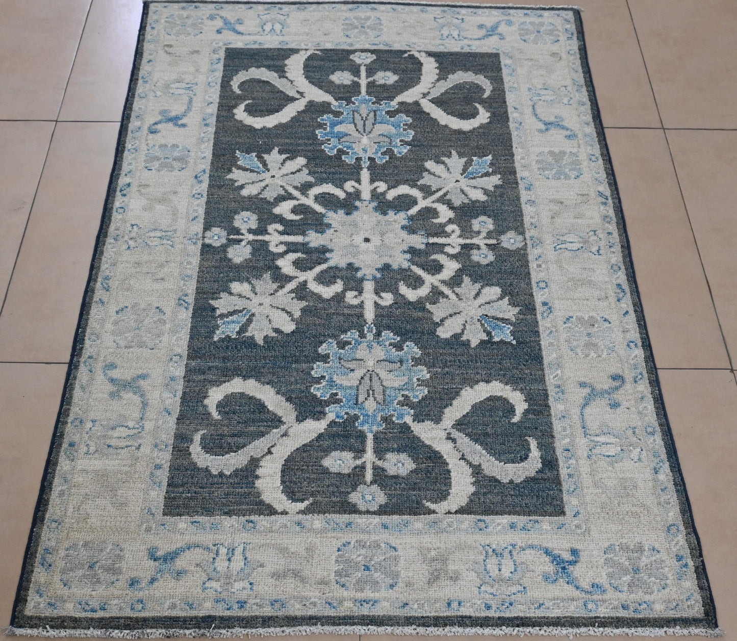 3x5 Charcoal Blue Oushak Rug | Hand-Knotted Afghan Wool Rug | Natural Veg Dyes | Vintage Distressed Area Carpet | Elegant Floral Medallion