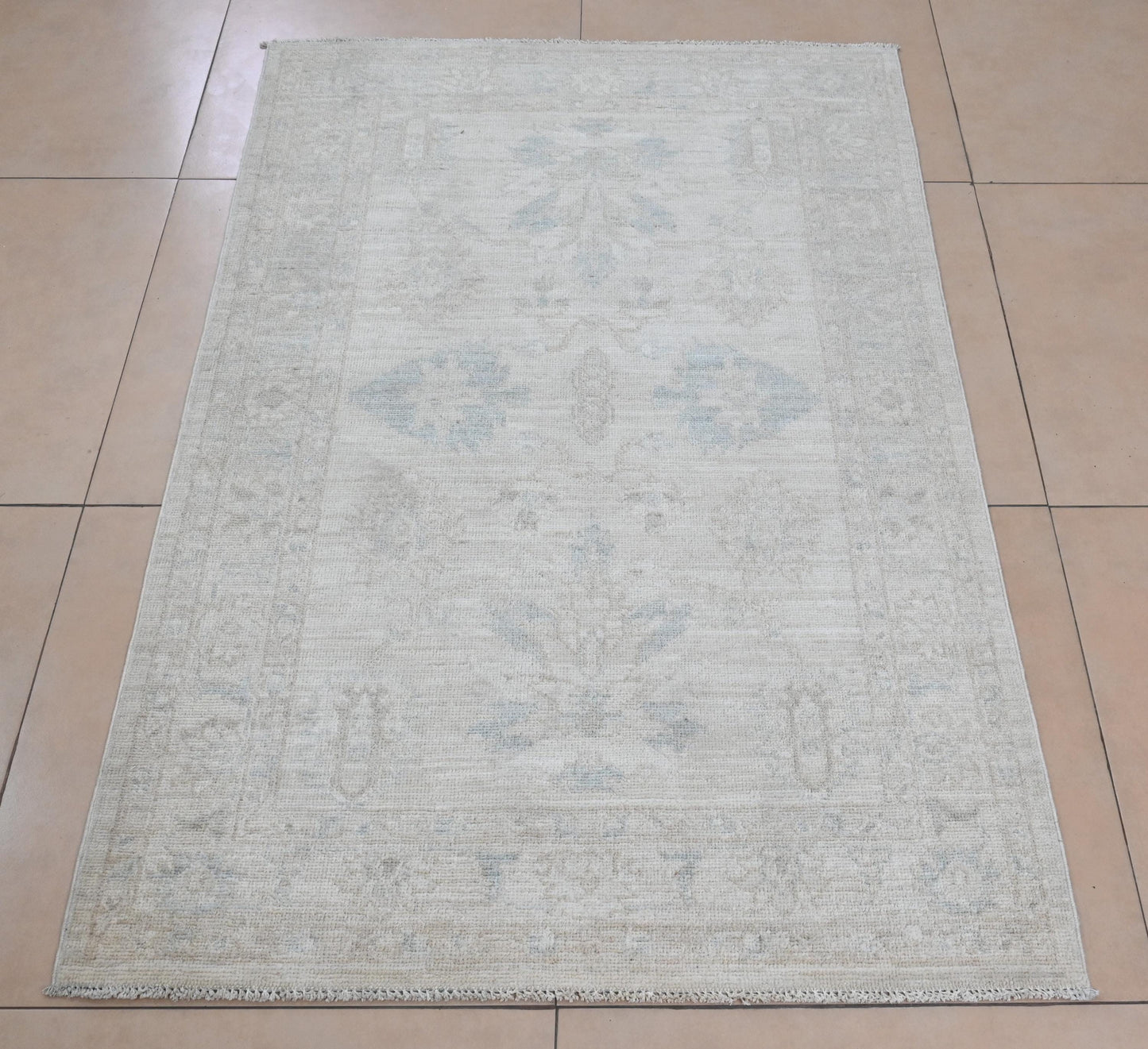 3x5 Handmade Afghan Oushak Rug – Light Beige & Blue Wool Area Rug | Vintage Turkish Style Carpet | Neutral Boho Entryway Rug | Muted Rug