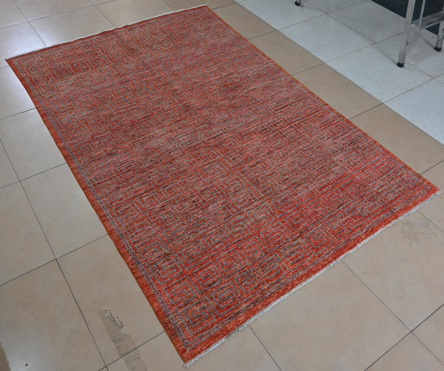 6x9 Red Greek Key Rug – Red Wool Area Carpet – Modern Geometric Gabbeh–Boho Veg Dye Oriental Rug for Living Room, Bedroom or Office 5'9x8'8"