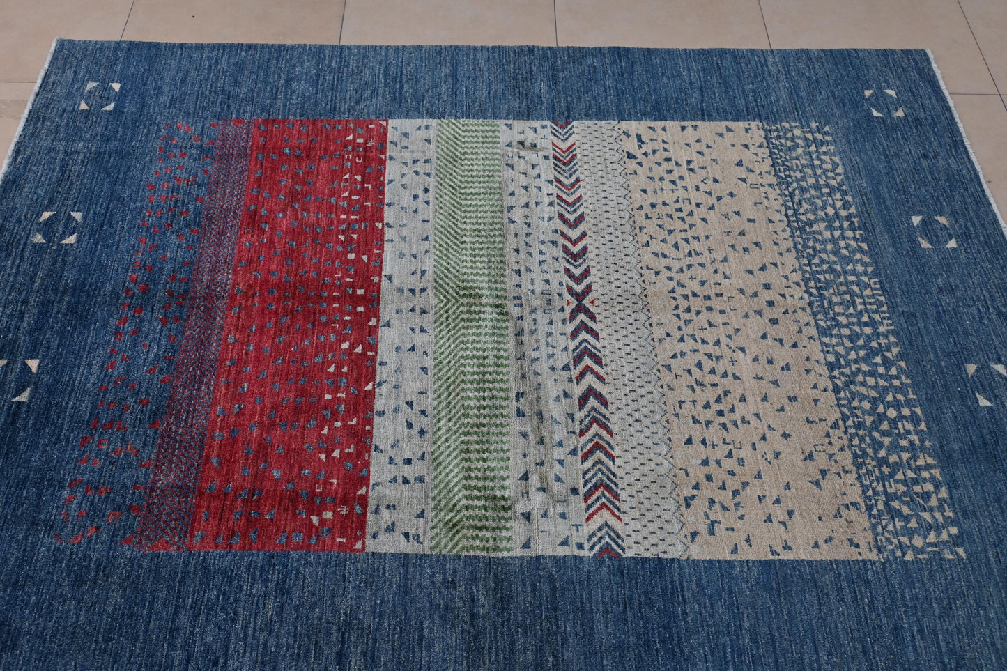 6x8 ft Handmade Modern Gabbeh Rug | Blue Red Abstract Geometric Wool Rug |Tribal Boho Rug | Bedroom And Living Room Accent Rug |"5'8x7'11"