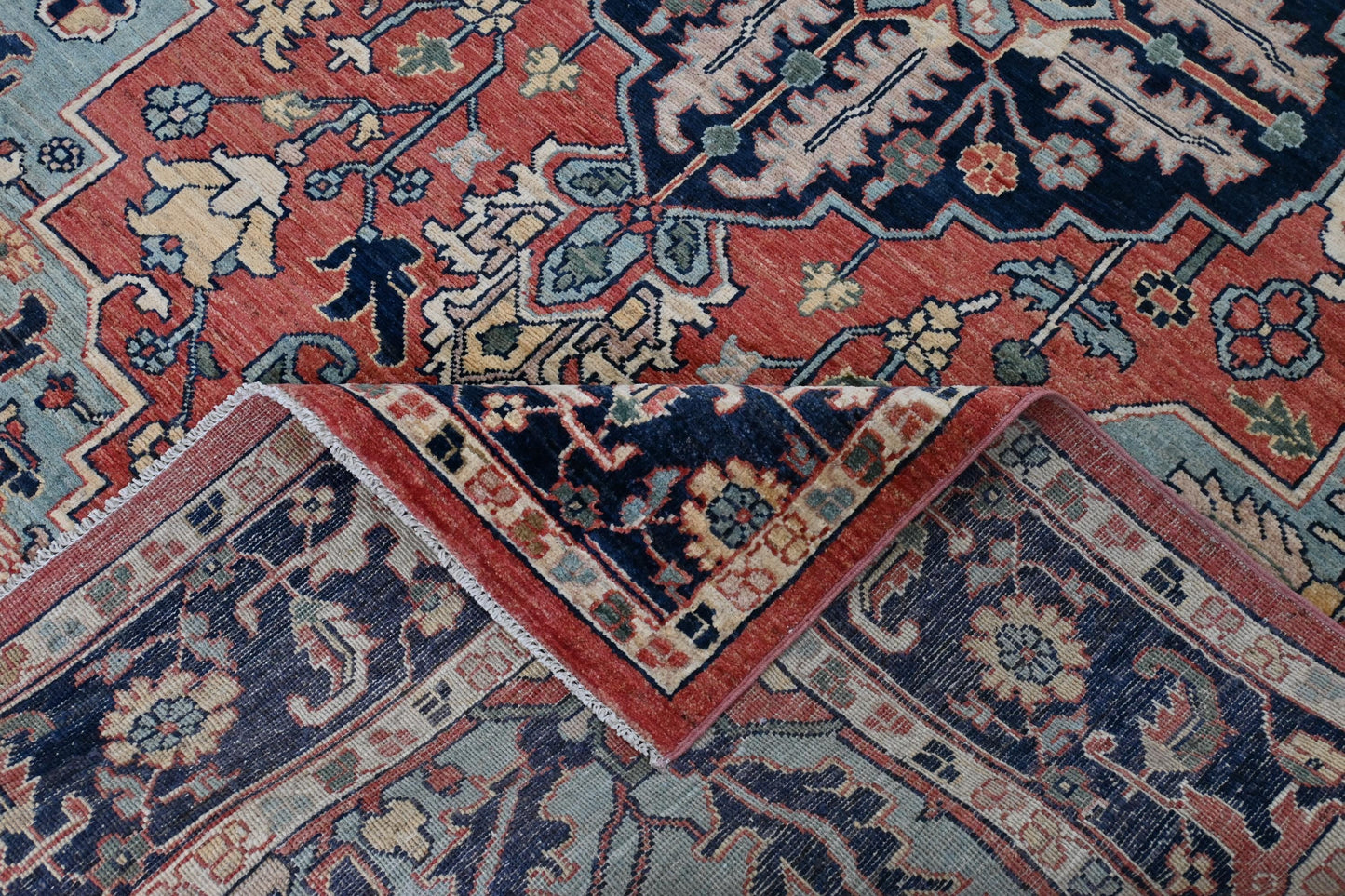 6x9 ft -Handmade Heriz Serapi Rug – Red Blue Wool Area Carpet – Oriental Medallion Rug for Living Room, Bedroom or office