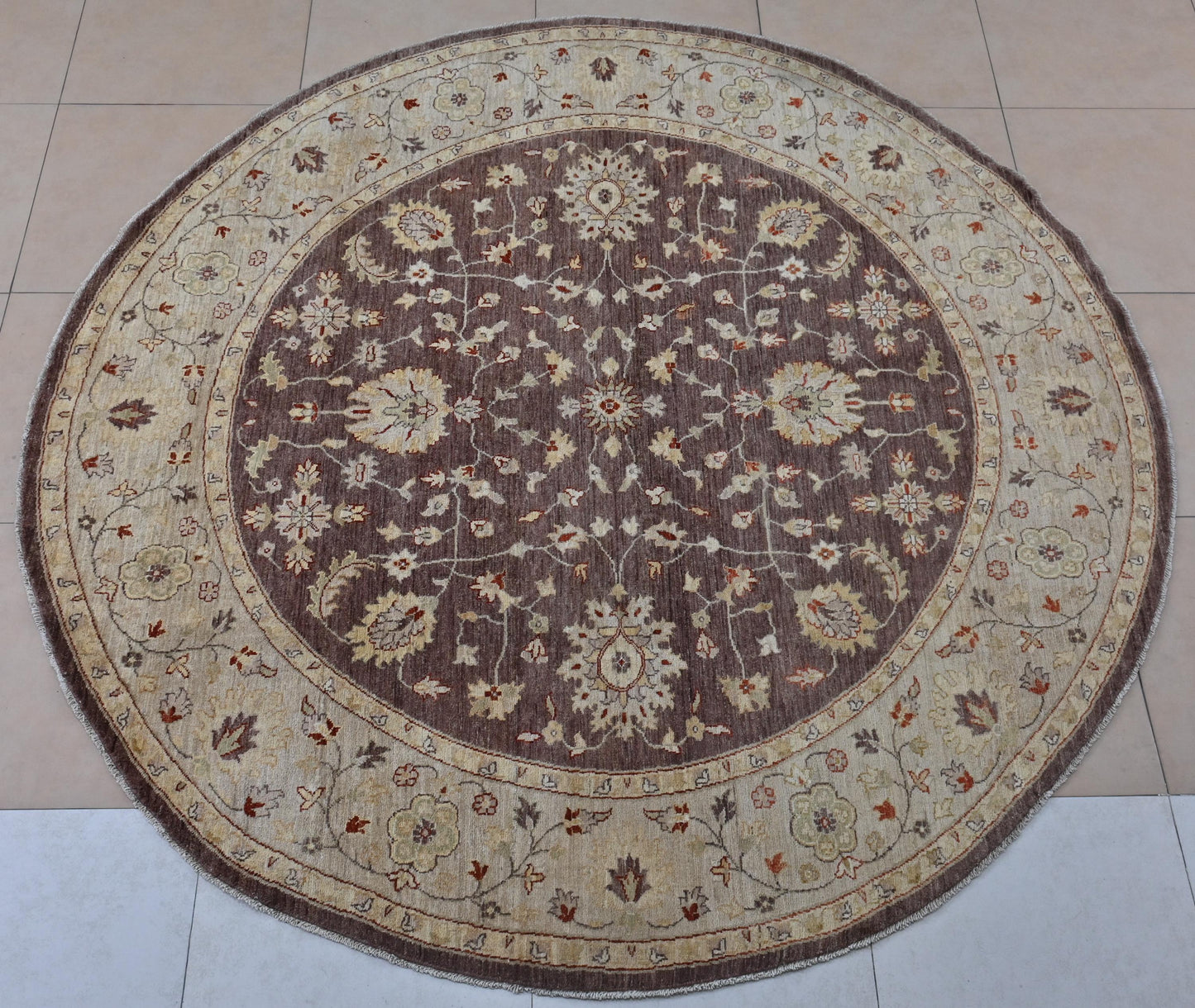 8x8 ft | Round Chobi Wool Rug | Handmade Traditional Floral Rug in Beige & Brown | Oriental Circle Area Carpet for Living Room or Entryway