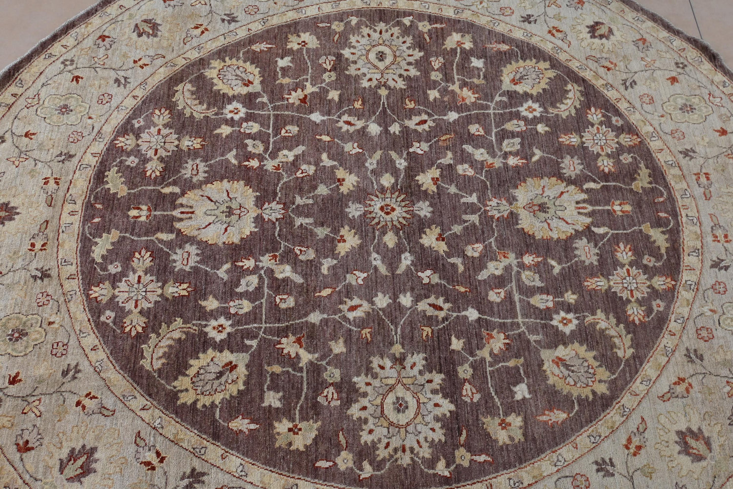 8x8 ft | Round Chobi Wool Rug | Handmade Traditional Floral Rug in Beige & Brown | Oriental Circle Area Carpet for Living Room or Entryway