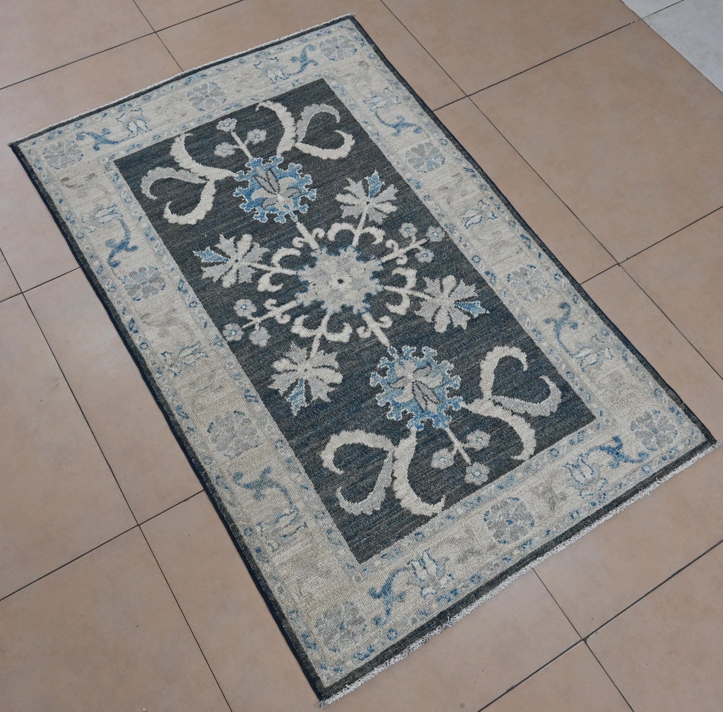 3x5 Charcoal Blue Oushak Rug | Hand-Knotted Afghan Wool Rug | Natural Veg Dyes | Vintage Distressed Area Carpet | Elegant Floral Medallion