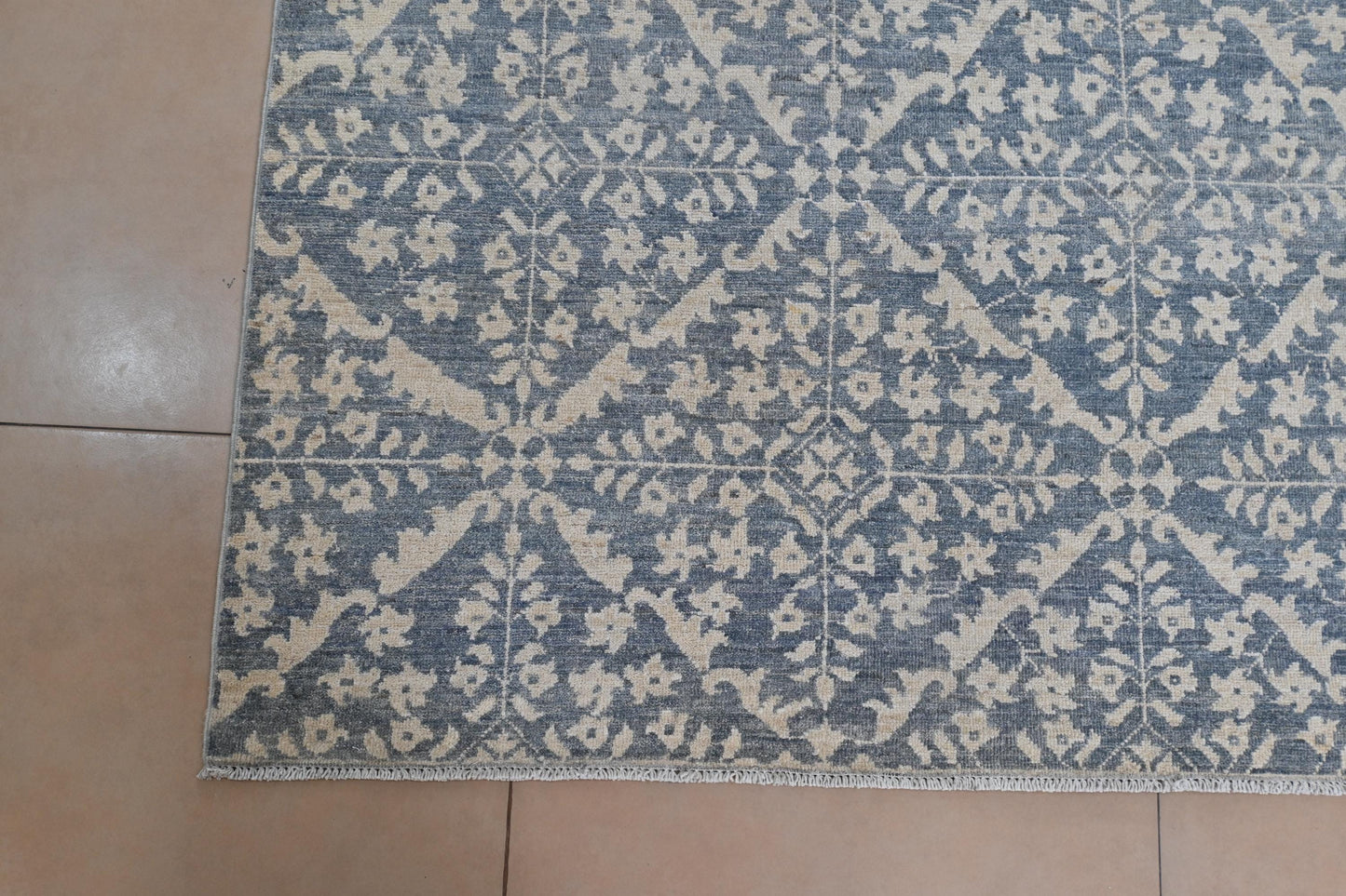 6x9 Blue and Ivory Wool Area Rug – Hand Knotted Geometric Distressed Vintage Style Carpet, Afghan Rug, Modern Farmhouse Living Room Rug