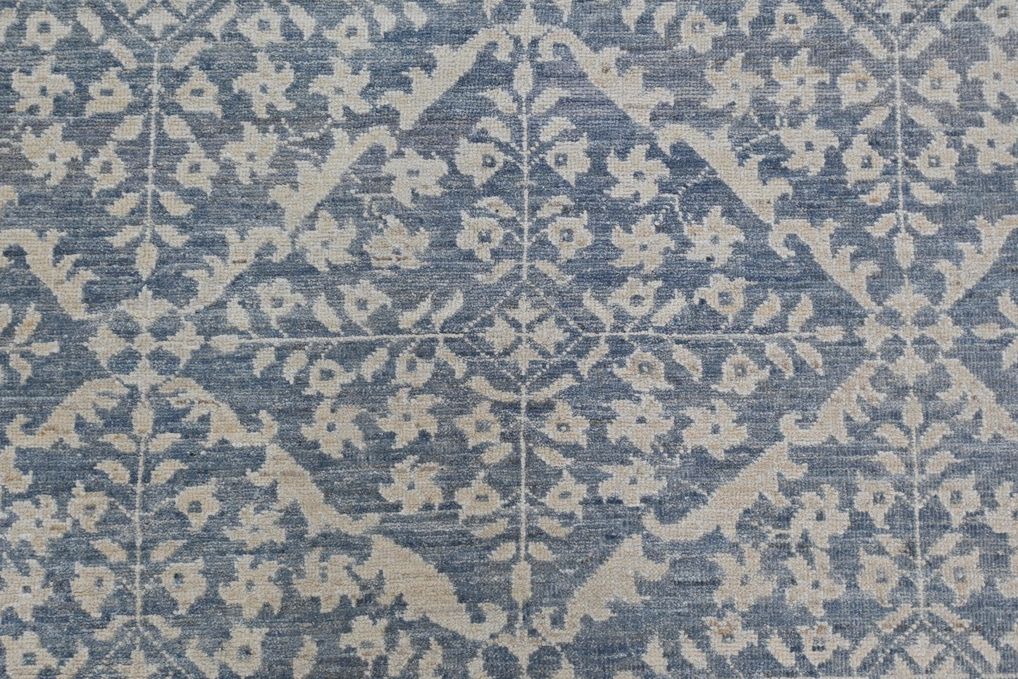 6x9 Blue and Ivory Wool Area Rug – Hand Knotted Geometric Distressed Vintage Style Carpet, Afghan Rug, Modern Farmhouse Living Room Rug