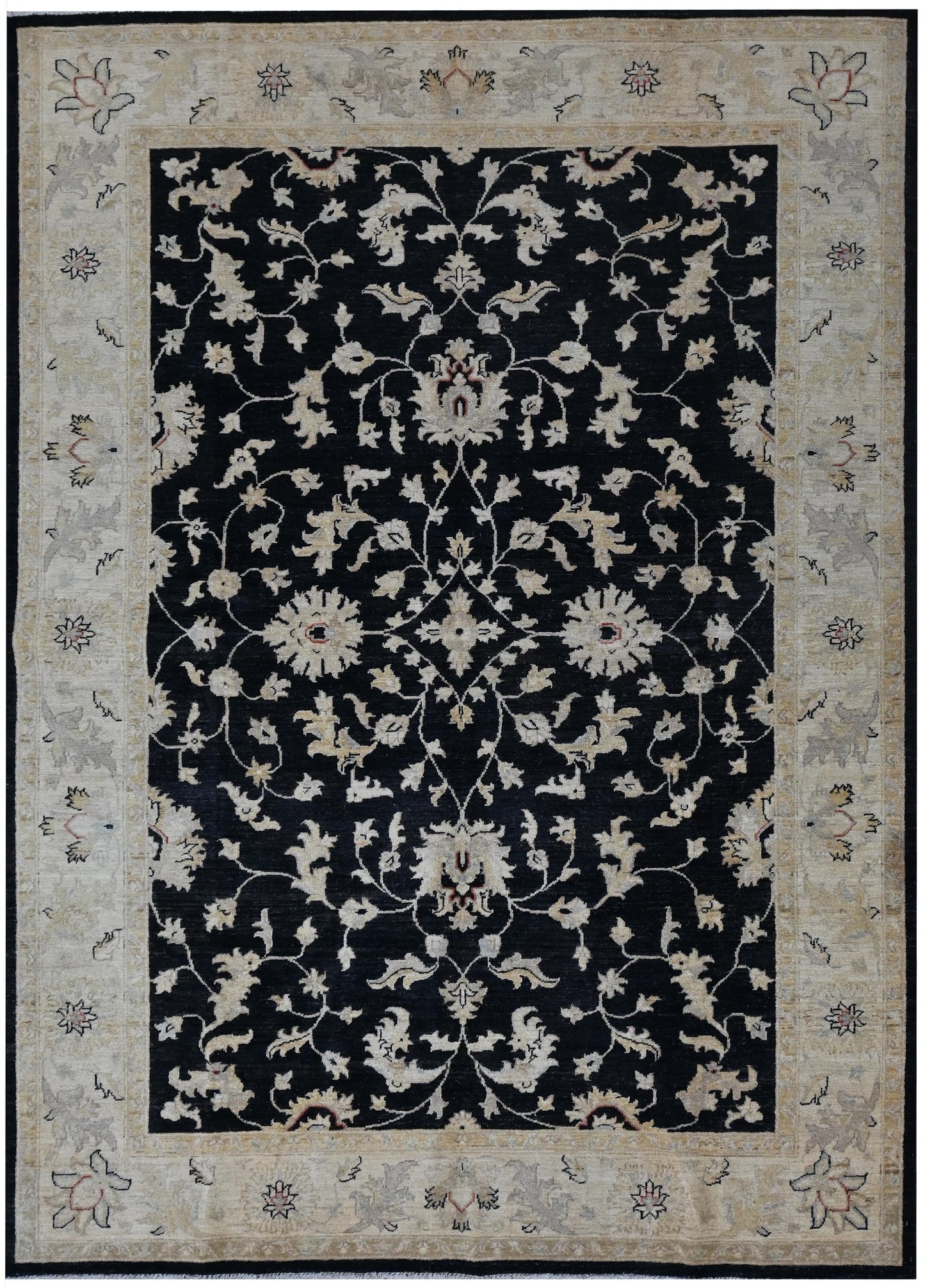 6x9 Handmade Black and Beige Ziegler Chobi Wool Rug