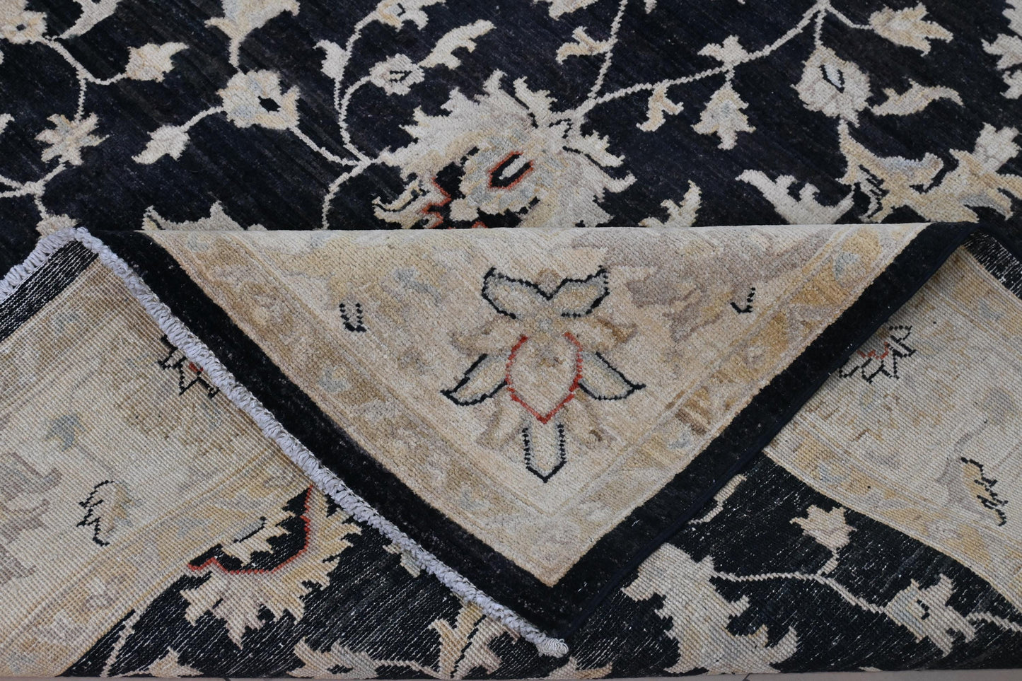 Close-up of 6x9 Handmade Black and Beige Ziegler Chobi Wool Rug