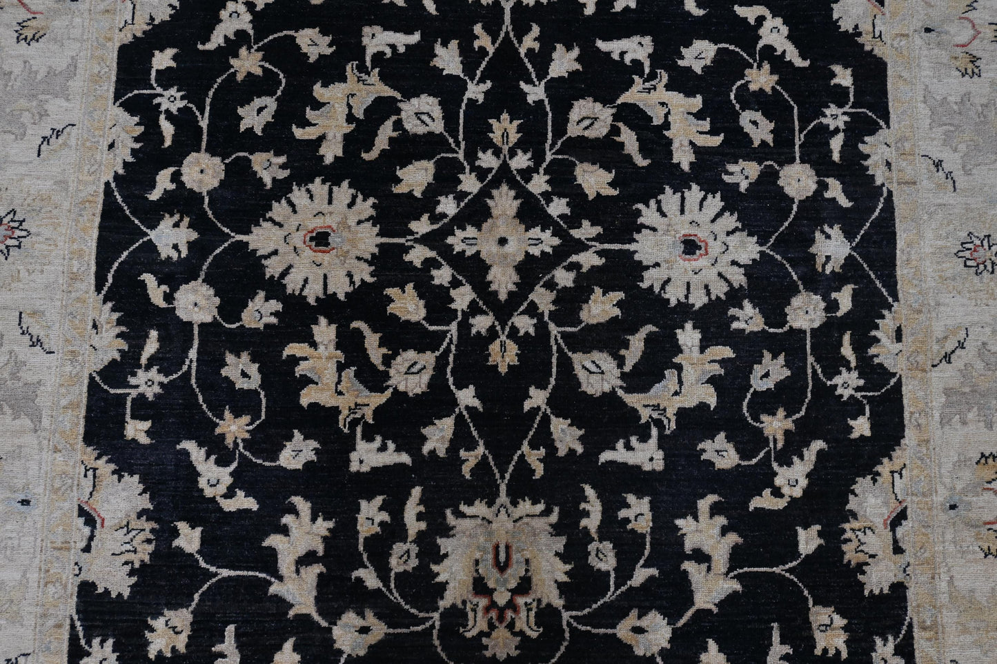Closeup of 6x9 Handmade Black and Beige Ziegler Chobi Wool Rug