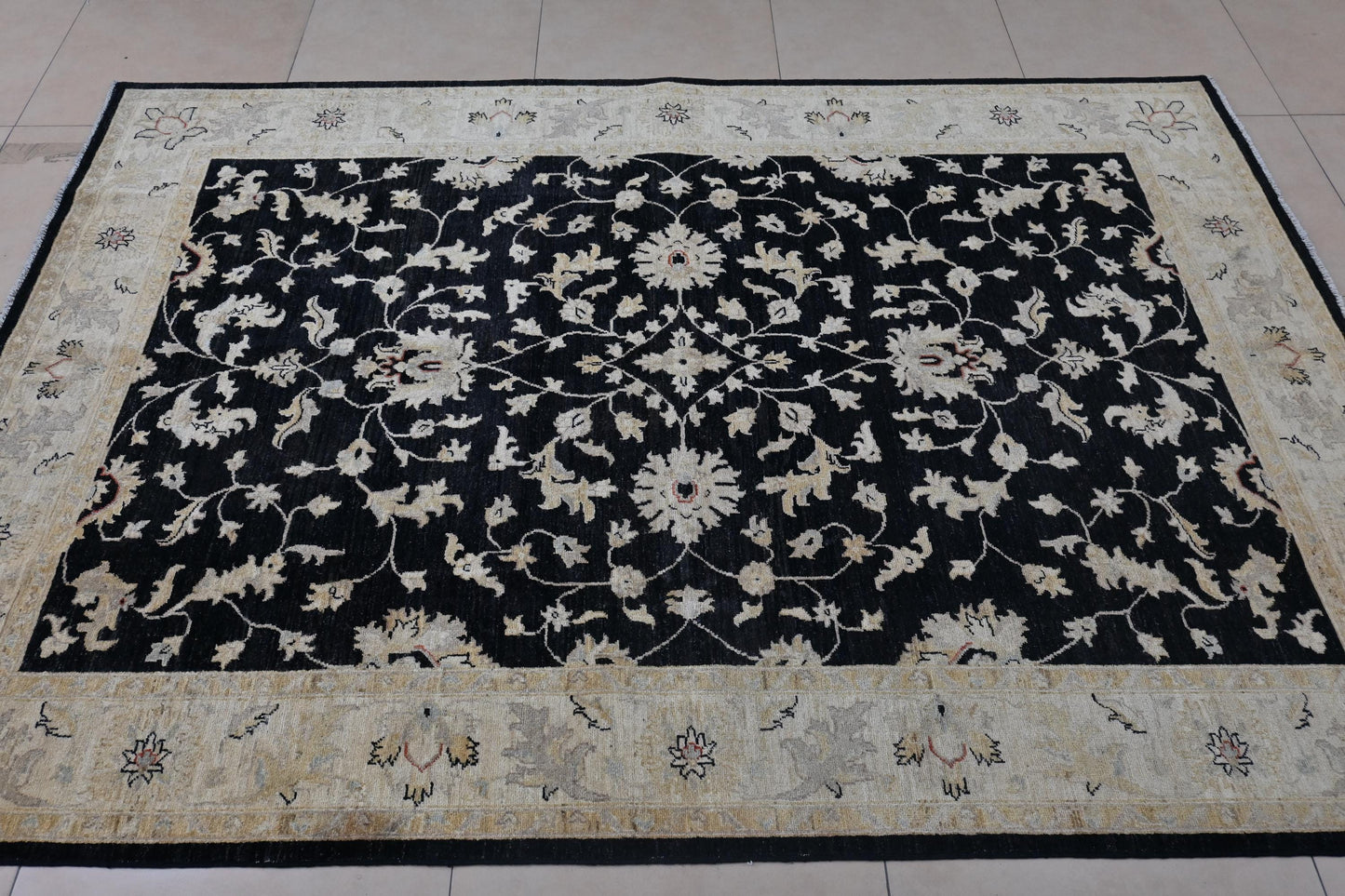 6x9 Handmade Black and Beige Ziegler Chobi Wool Rug