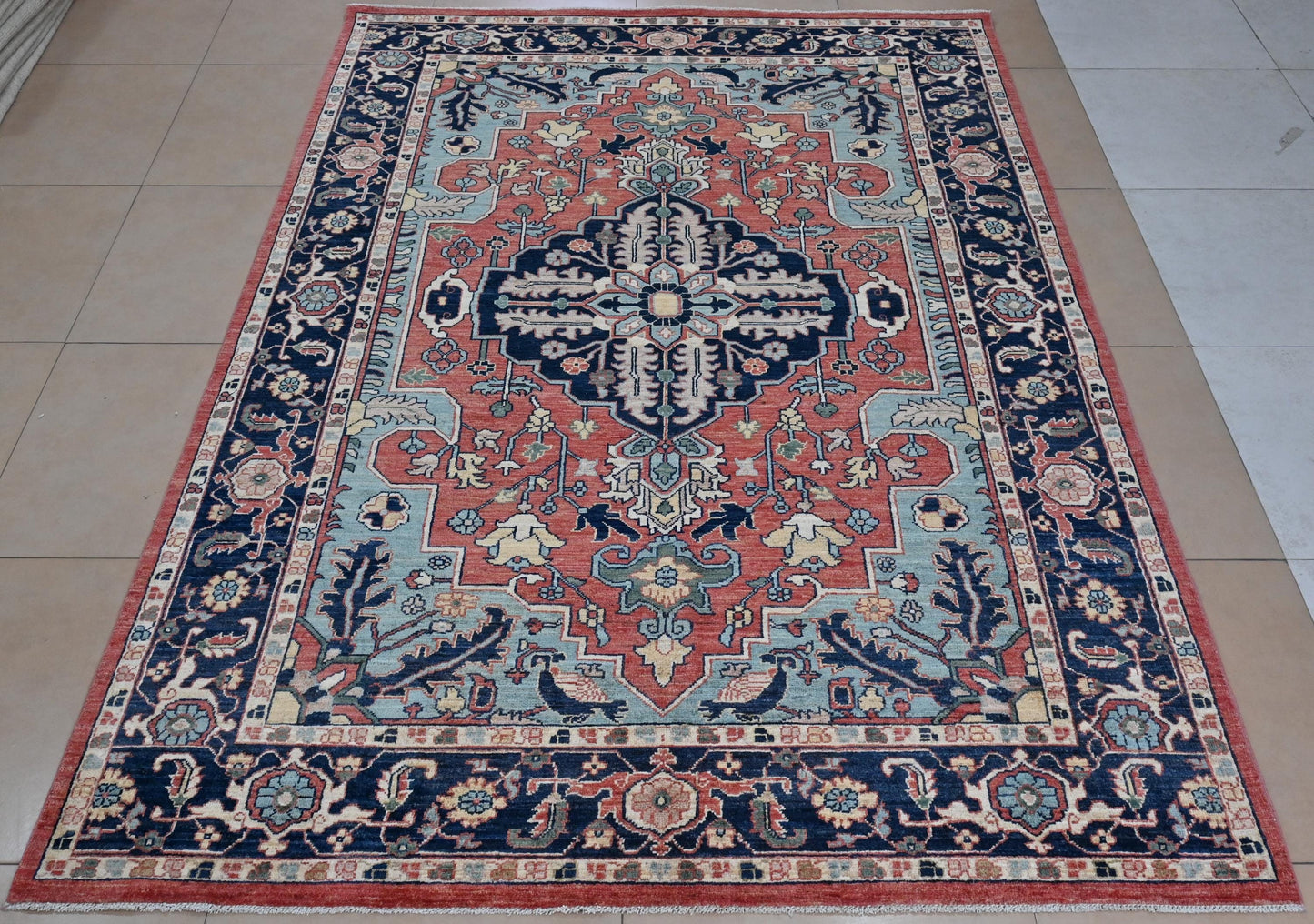 6x9 ft -Handmade Heriz Serapi Rug – Red Blue Wool Area Carpet – Oriental Medallion Rug for Living Room, Bedroom or office