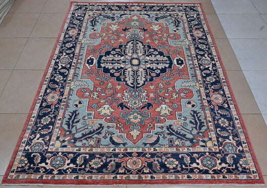6x9 ft -Handmade Heriz Serapi Rug – Red Blue Wool Area Carpet – Oriental Medallion Rug for Living Room, Bedroom or office