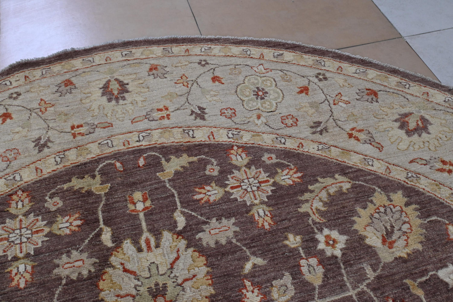 8x8 ft | Round Chobi Wool Rug | Handmade Traditional Floral Rug in Beige & Brown | Oriental Circle Area Carpet for Living Room or Entryway