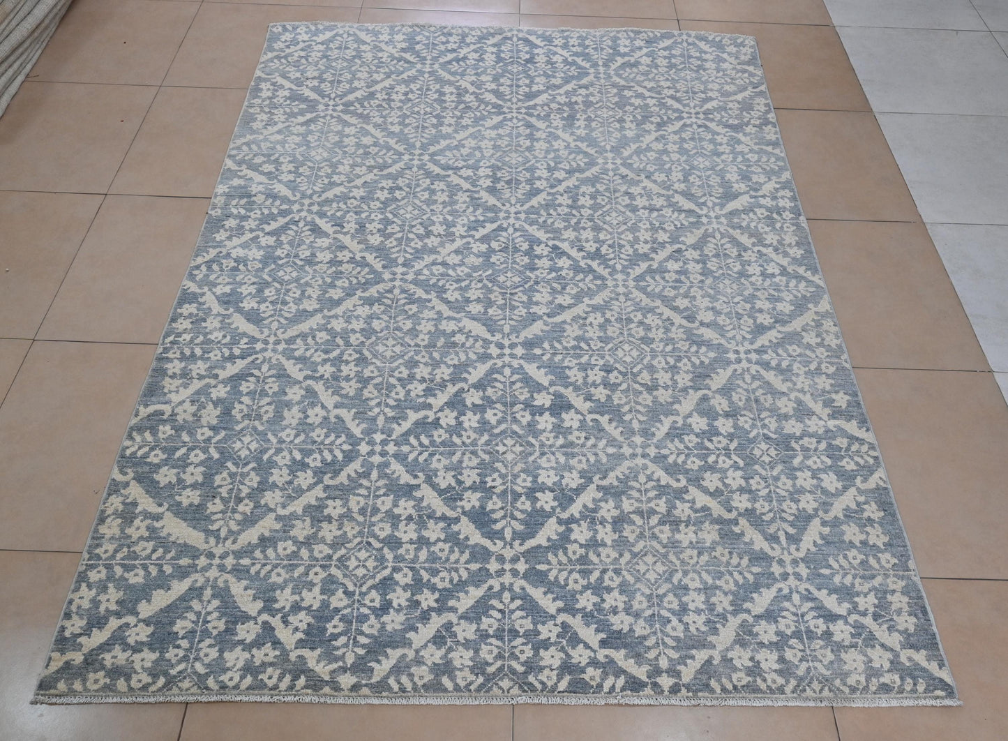 6x9 Blue and Ivory Wool Area Rug – Hand Knotted Geometric Distressed Vintage Style Carpet, Afghan Rug, Modern Farmhouse Living Room Rug