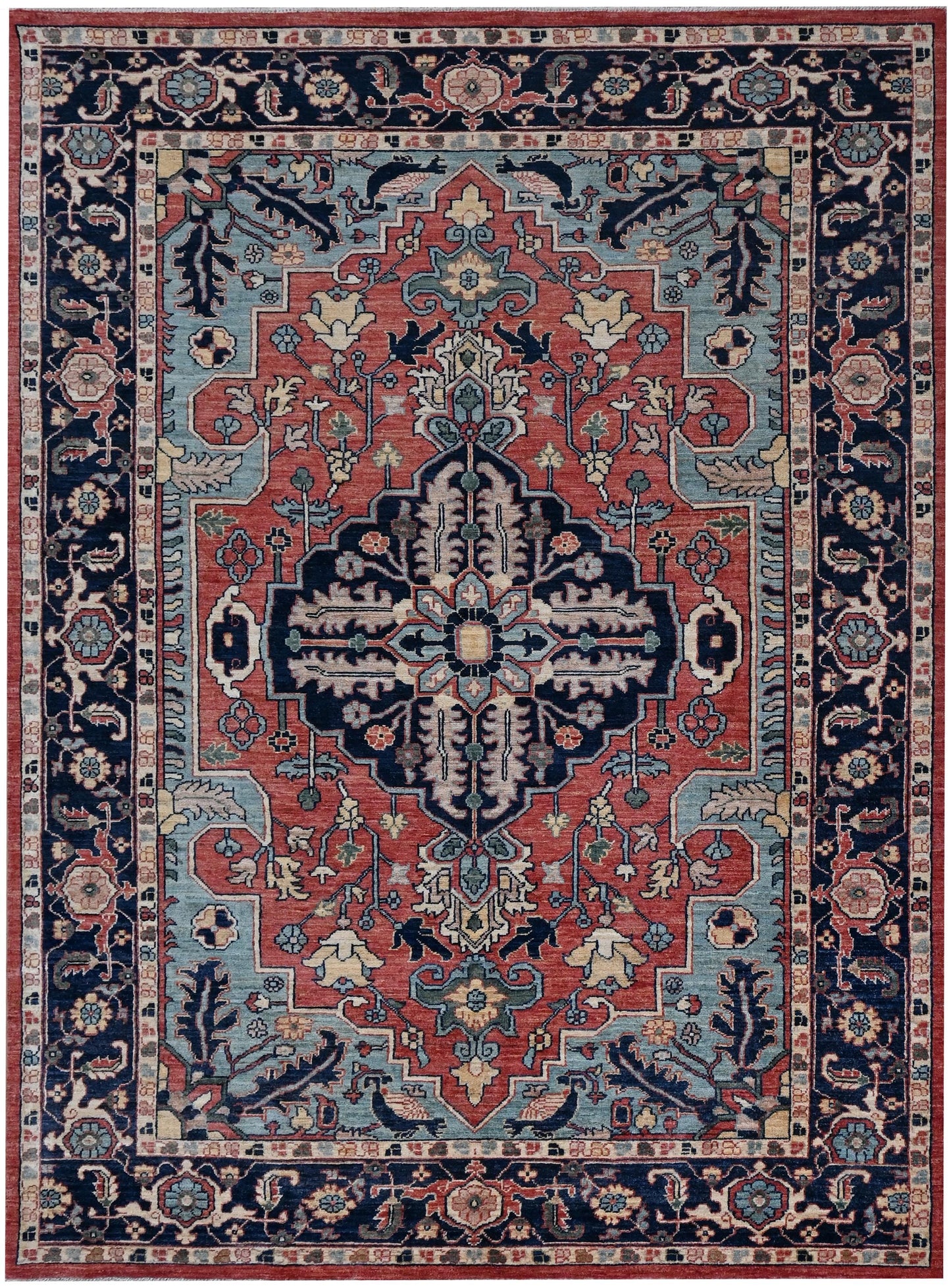 6x9 ft -Handmade Heriz Serapi Rug – Red Blue Wool Area Carpet – Oriental Medallion Rug for Living Room, Bedroom or office