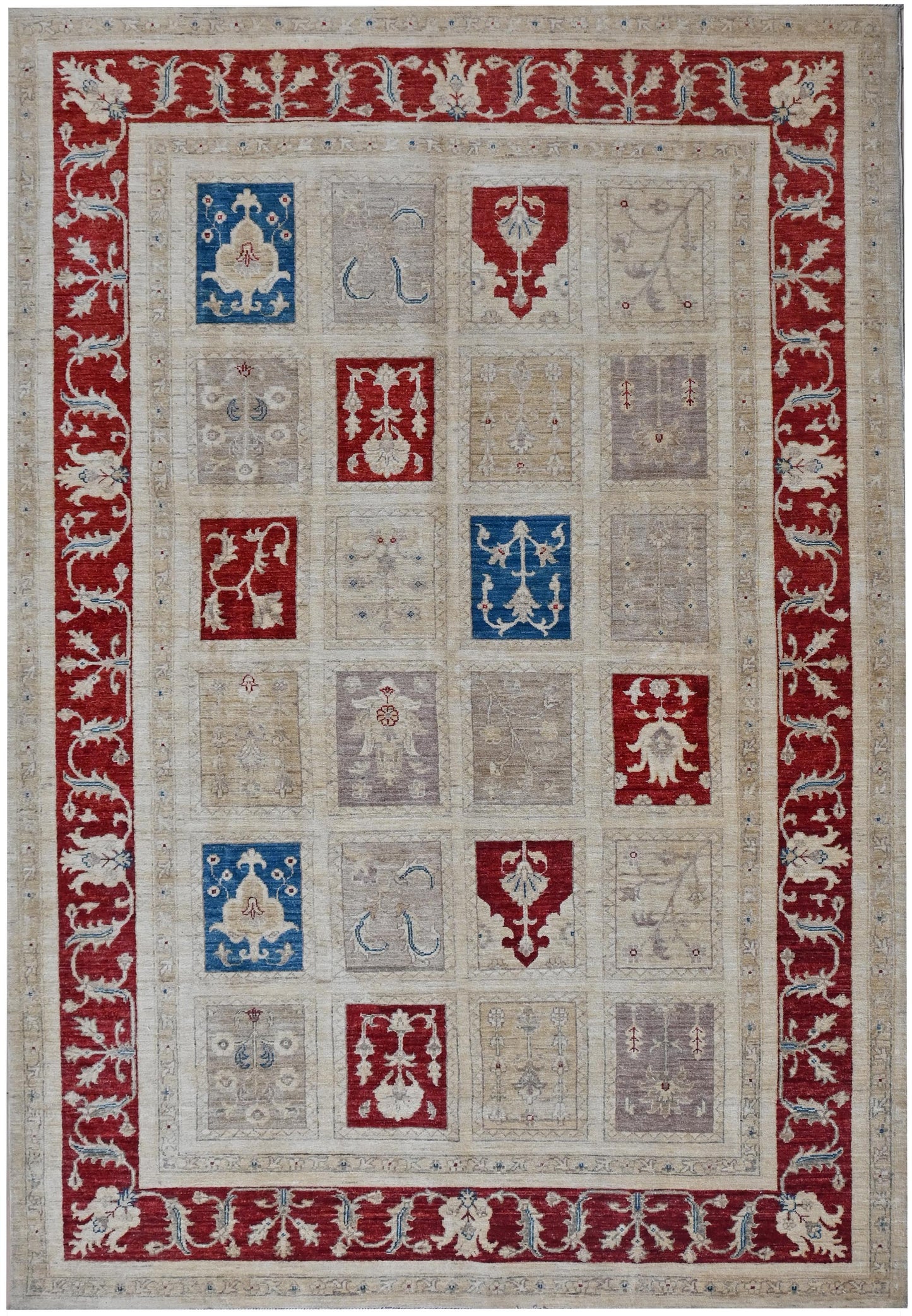 7x10 ft | Handmade Geometric Oriental Rug | Red Blue Beige Ziegler Design Wool Area Rug | Tribal Boho Decor | Afghan Chobi Rug| "6'5x9'11"