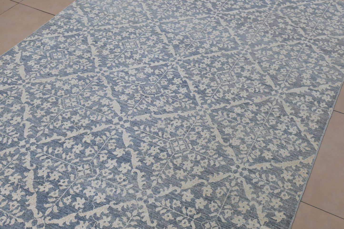 6x9 Blue and Ivory Wool Area Rug – Hand Knotted Geometric Distressed Vintage Style Carpet, Afghan Rug, Modern Farmhouse Living Room Rug