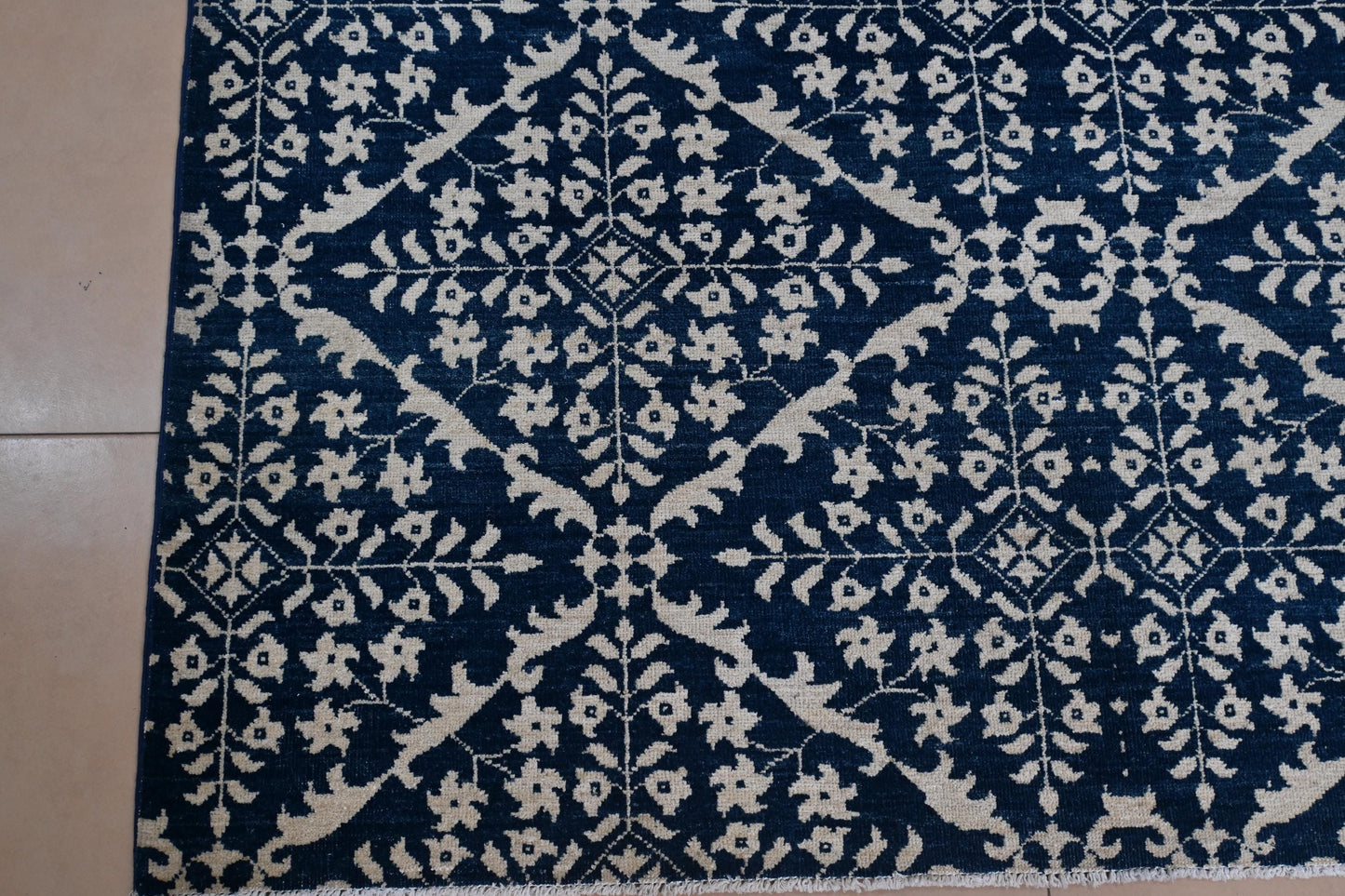 6x9 Blue and Ivory Geometric Floral Rug โ Hand-Knotted Oriental Style Area Carpet โ Modern Boho Living Room Rug โ Free Shipping- Bedroom Rug