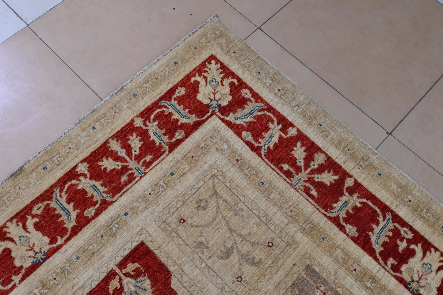 7x10 ft | Handmade Geometric Oriental Rug | Red Blue Beige Ziegler Design Wool Area Rug | Tribal Boho Decor | Afghan Chobi Rug| "6'5x9'11"