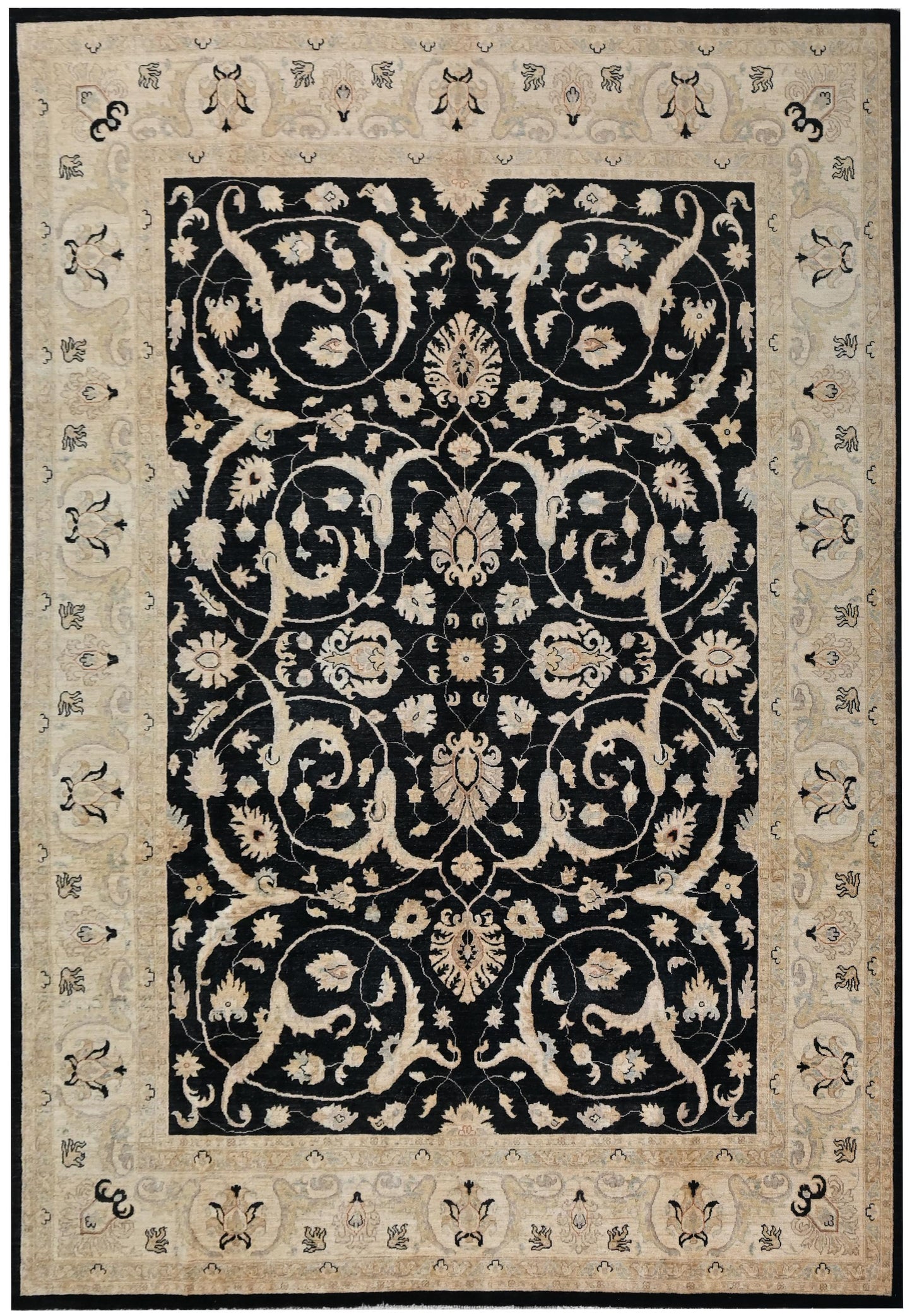 9x12 Black and Beige Ziegler Chobi Area Rug โ Hand-Knotted Wool Persian Style Carpet โ Traditional Floral Rug for Living Room or Dining Room