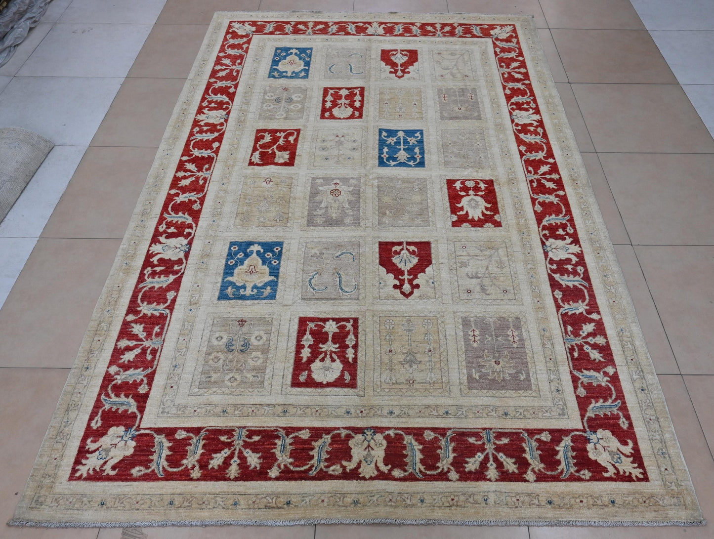 7x10 ft | Handmade Geometric Oriental Rug | Red Blue Beige Ziegler Design Wool Area Rug | Tribal Boho Decor | Afghan Chobi Rug| "6'5x9'11"