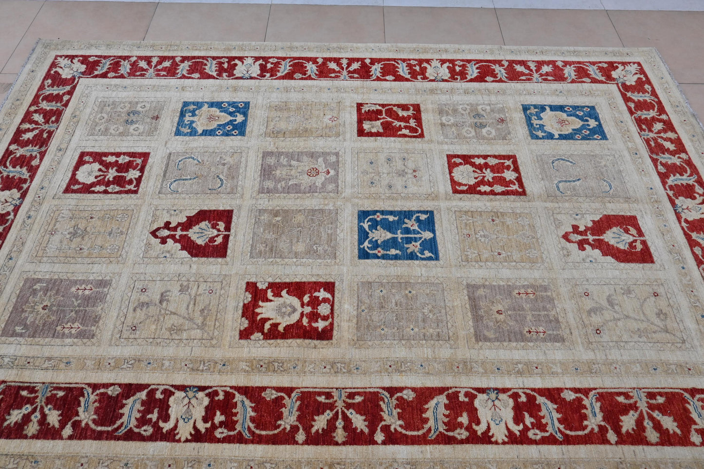 7x10 ft | Handmade Geometric Oriental Rug | Red Blue Beige Ziegler Design Wool Area Rug | Tribal Boho Decor | Afghan Chobi Rug| "6'5x9'11"