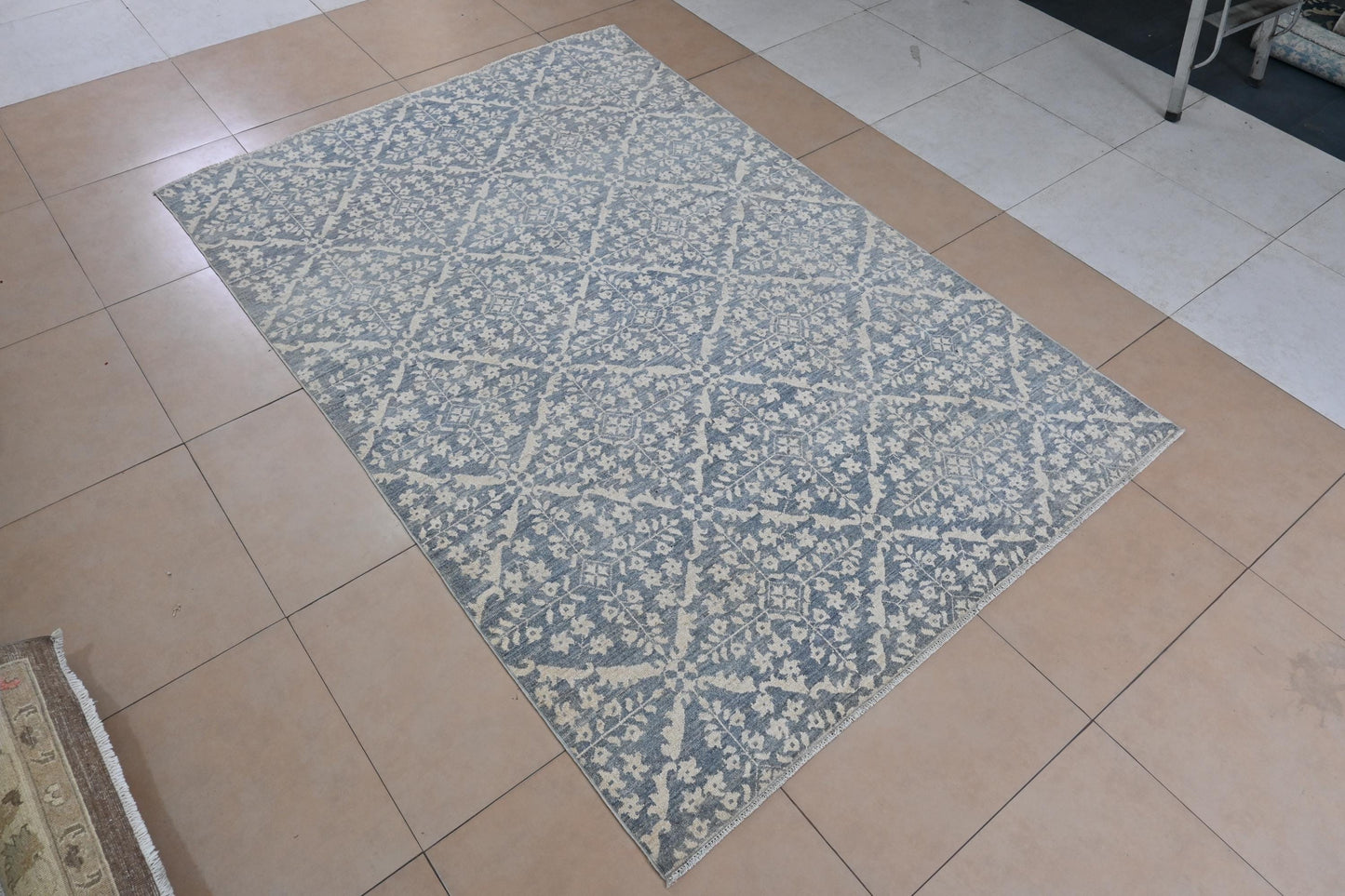 6x9 Blue and Ivory Wool Area Rug – Hand Knotted Geometric Distressed Vintage Style Carpet, Afghan Rug, Modern Farmhouse Living Room Rug