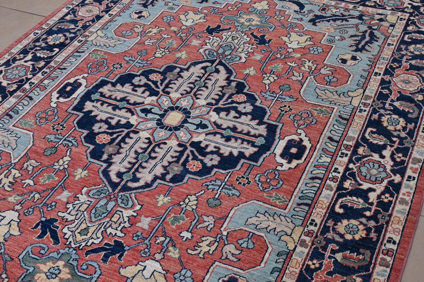 6x9 ft -Handmade Heriz Serapi Rug – Red Blue Wool Area Carpet – Oriental Medallion Rug for Living Room, Bedroom or office