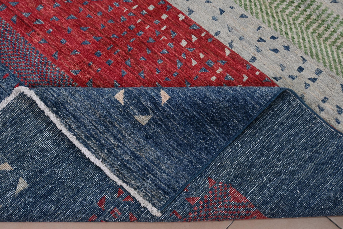 6x8 ft Handmade Modern Gabbeh Rug | Blue Red Abstract Geometric Wool Rug |Tribal Boho Rug | Bedroom And Living Room Accent Rug |"5'8x7'11"