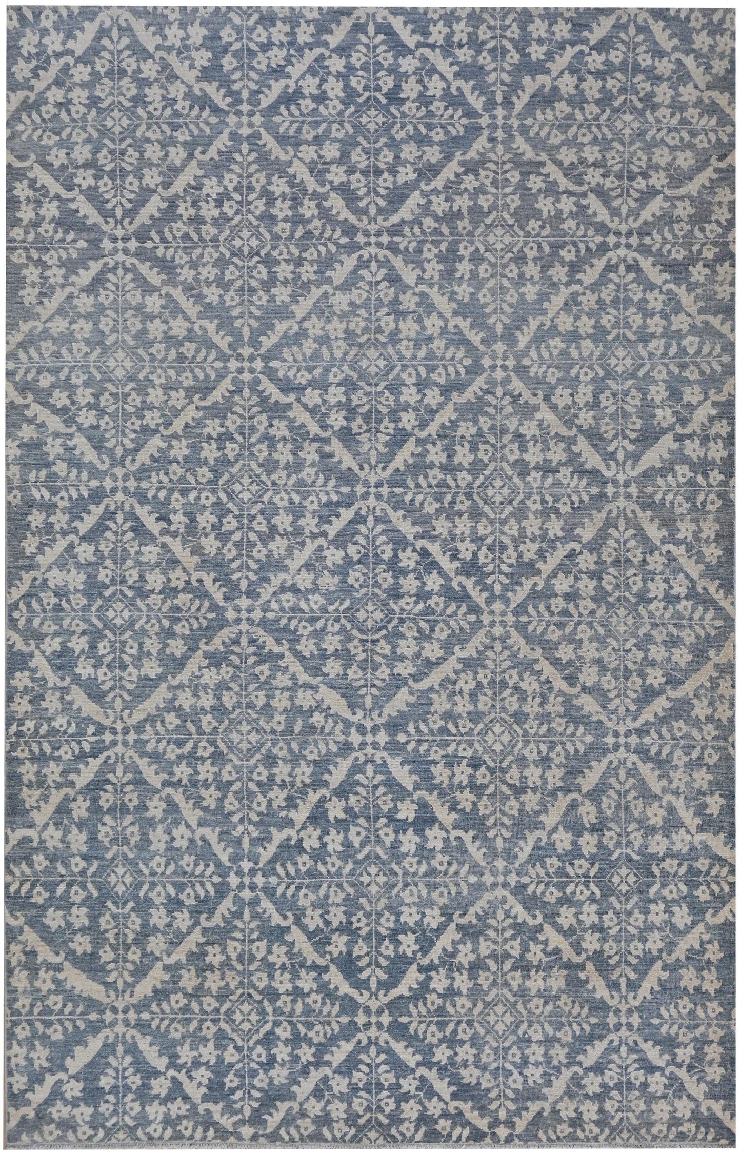 6x9 Blue and Ivory Wool Area Rug – Hand Knotted Geometric Distressed Vintage Style Carpet, Afghan Rug, Modern Farmhouse Living Room Rug