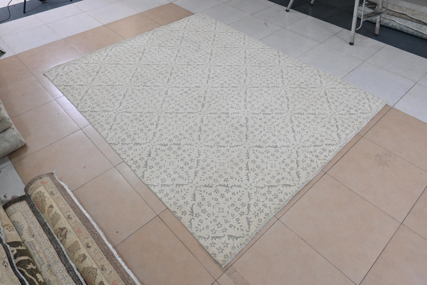 8x10 Moroccan Style Hand-Knotted Wool Rug- Vegdye Rug - Light Grey Geometric Pattern Area Carpet - Neutral Living Room Decor - Free Shipping