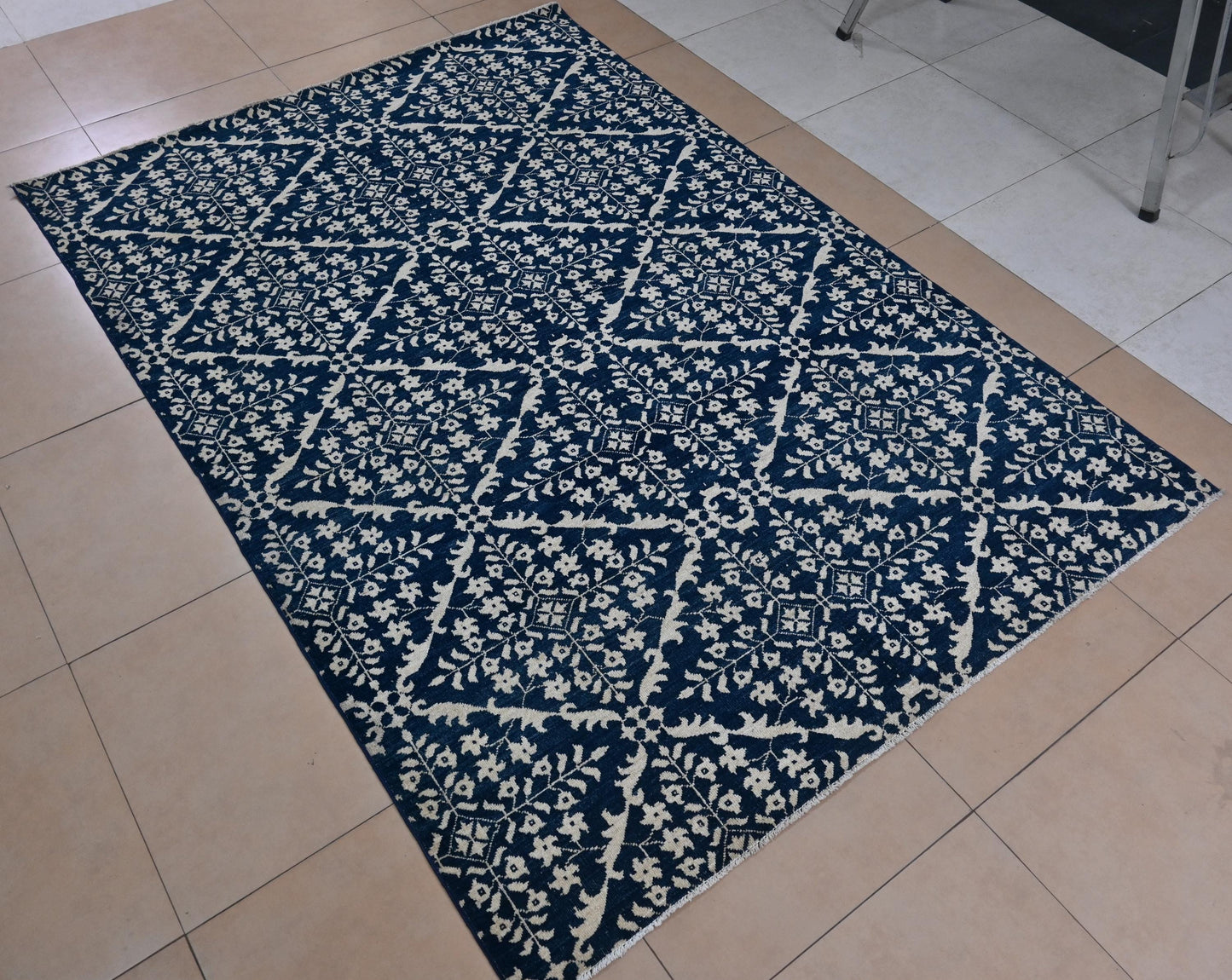 6x9 Blue and Ivory Geometric Floral Rug โ Hand-Knotted Oriental Style Area Carpet โ Modern Boho Living Room Rug โ Free Shipping- Bedroom Rug