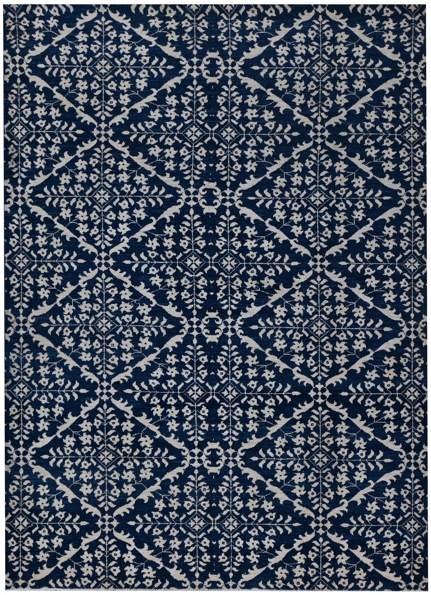 6x9 Blue and Ivory Geometric Floral Rug โ Hand-Knotted Oriental Style Area Carpet โ Modern Boho Living Room Rug โ Free Shipping- Bedroom Rug