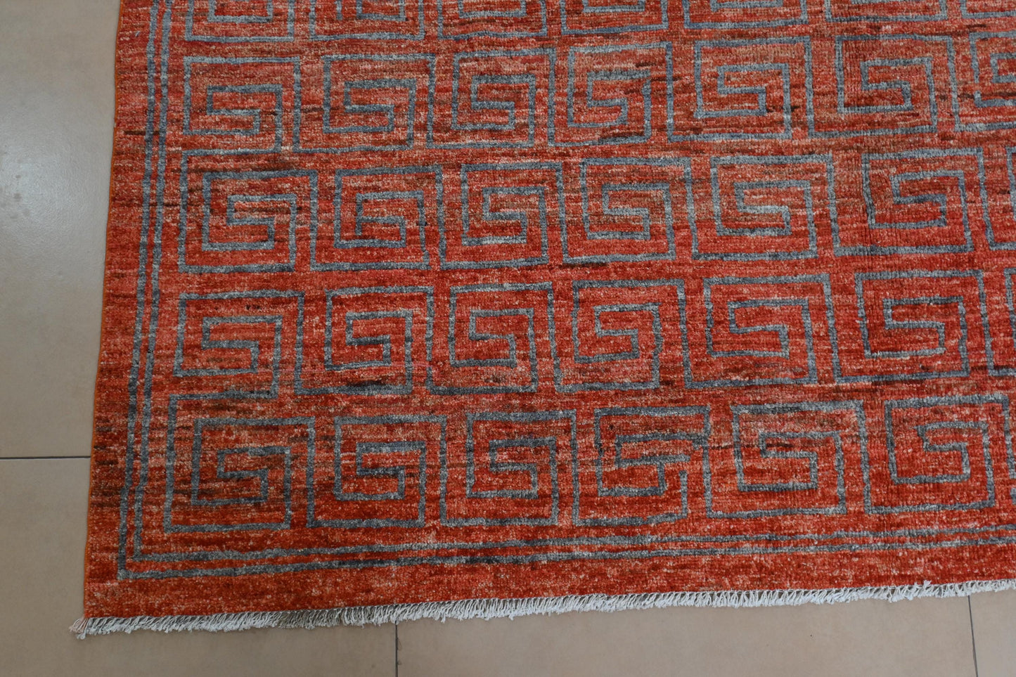 6x9 Red Greek Key Rug – Red Wool Area Carpet – Modern Geometric Gabbeh–Boho Veg Dye Oriental Rug for Living Room, Bedroom or Office 5'9x8'8"