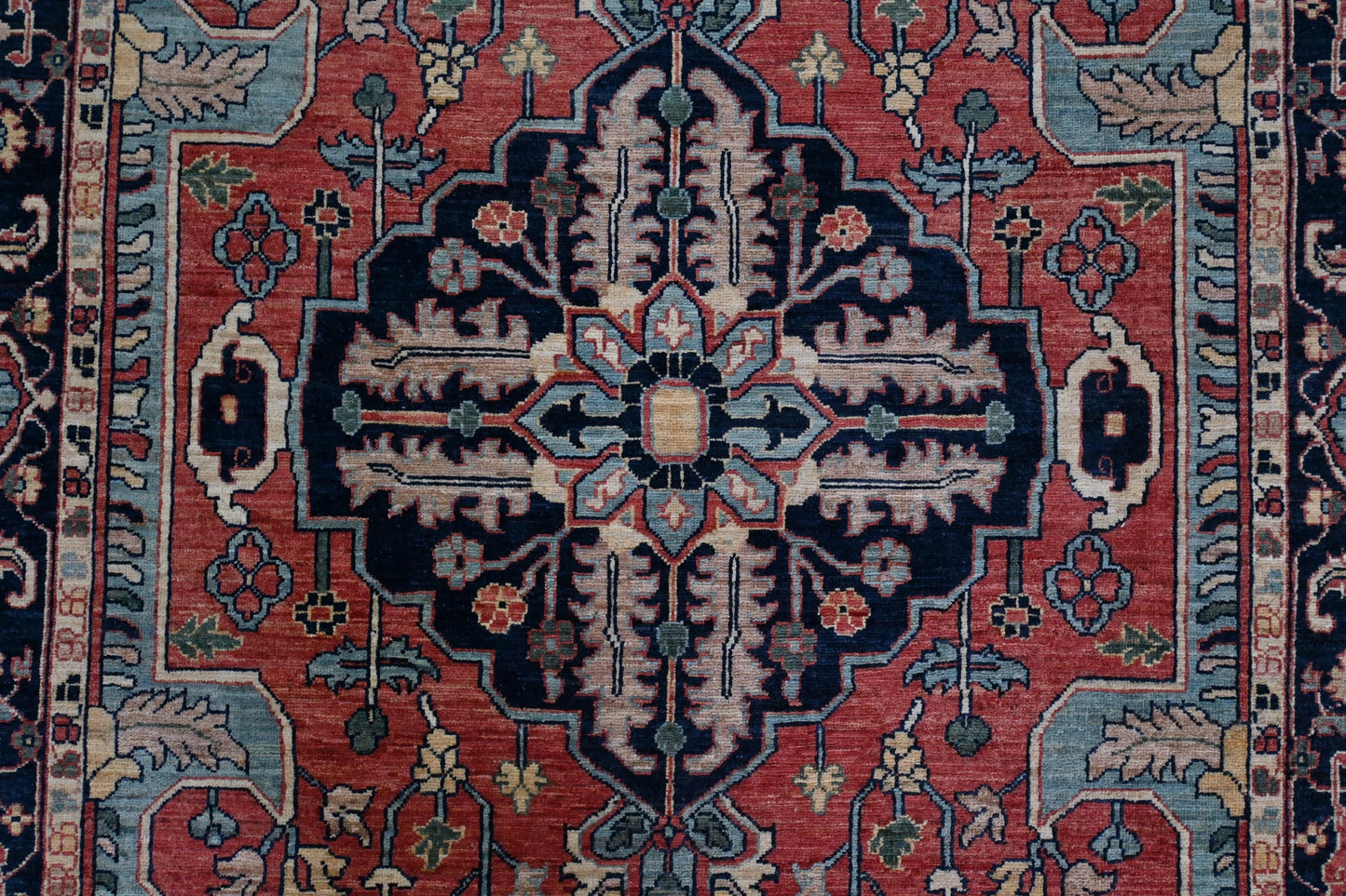 6x9 ft -Handmade Heriz Serapi Rug – Red Blue Wool Area Carpet – Oriental Medallion Rug for Living Room, Bedroom or office