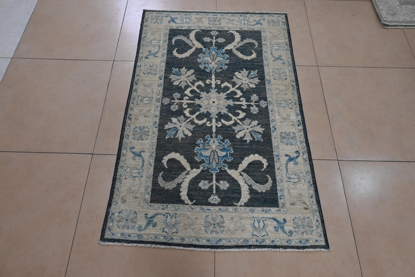 3x5 Handmade Oushak Afghan Charcoal & Blue Wool Rug - Bedroom Rug - Oriental Rug - Rug for Living Room - Handspun Wool - ''3'1x4'11''